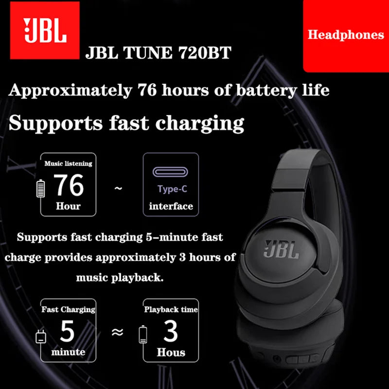 JBL TUNE 720BT Original Authentic Wireless Bluetooth Over-ear Style Headphones Foldable Multi-point Connection for Sports Music