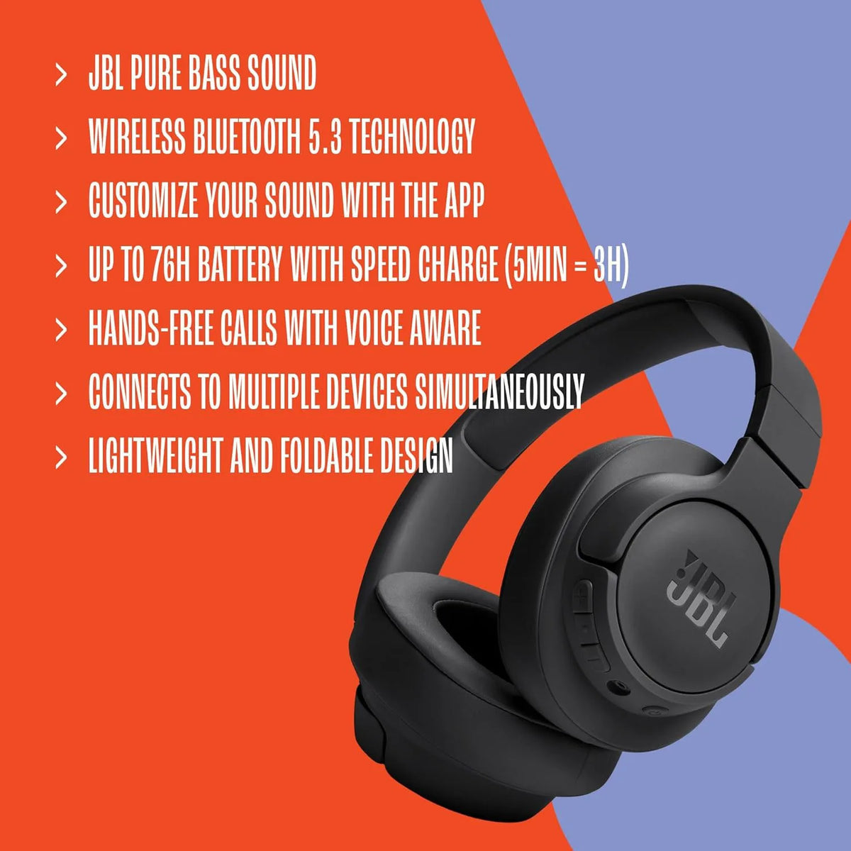 JBL TUNE 720BT Original Authentic Wireless Bluetooth Over-ear Style Headphones Foldable Multi-point Connection for Sports Music